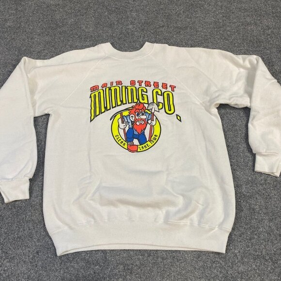 Clear Lake Iowa Sweatshirt M White Vintage USA Made Main Street Mining - Picture 1 of 8